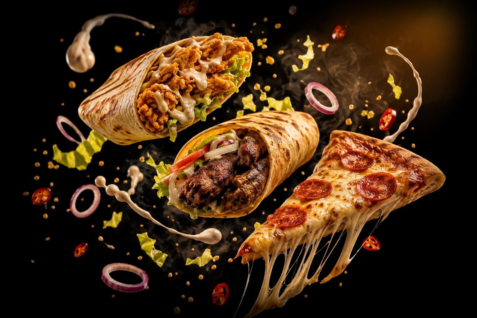 Zinger wrap, beef seekh roll and pepperoni pizza slice mid-air with flying toppings